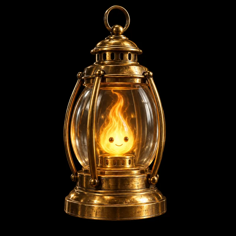 Hyperrealistic brass Lumi lantern with a smiling golden flame